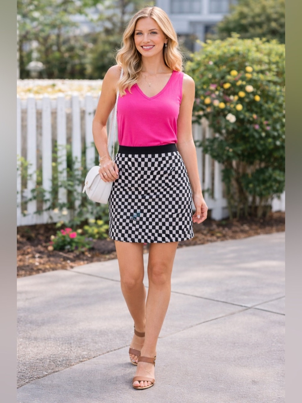 White House Black Market Pink V-Neck Tank with Black & White Check Mini Skirt